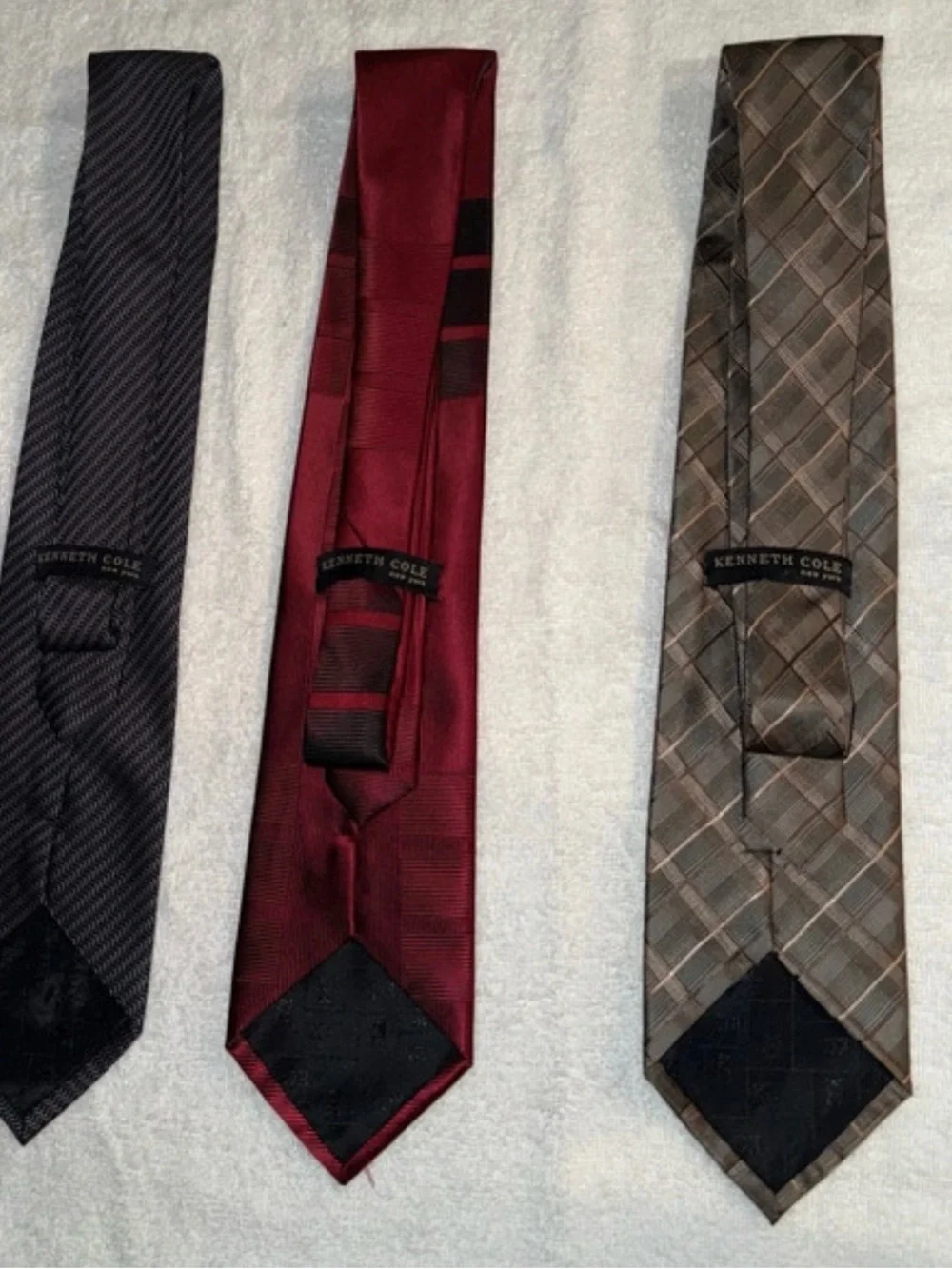Kenneth Cole Three-Pack Ties in Black, Burgundy, Brown Plaid